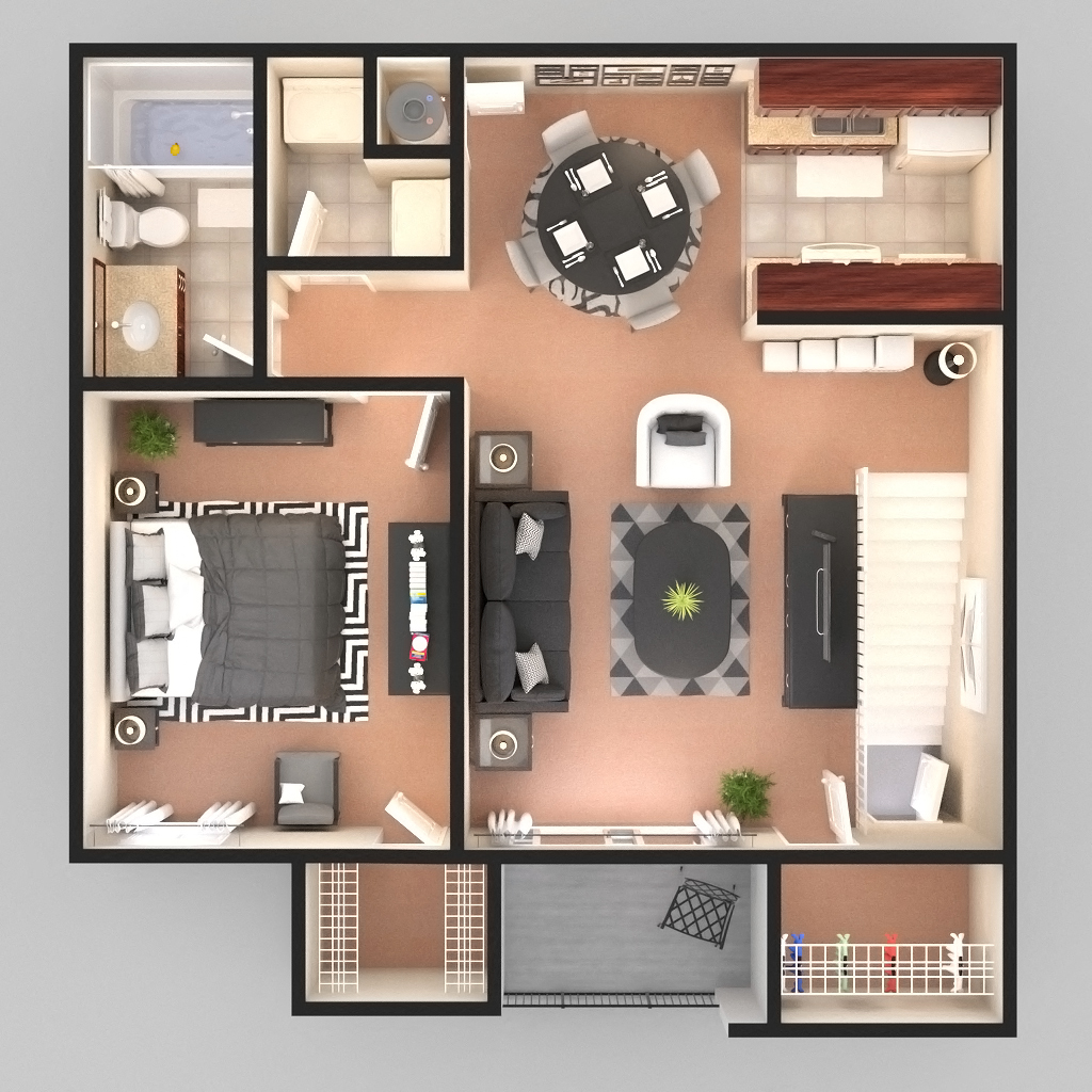 Floor plan for 1 bed, 1 bath, 750 sqft